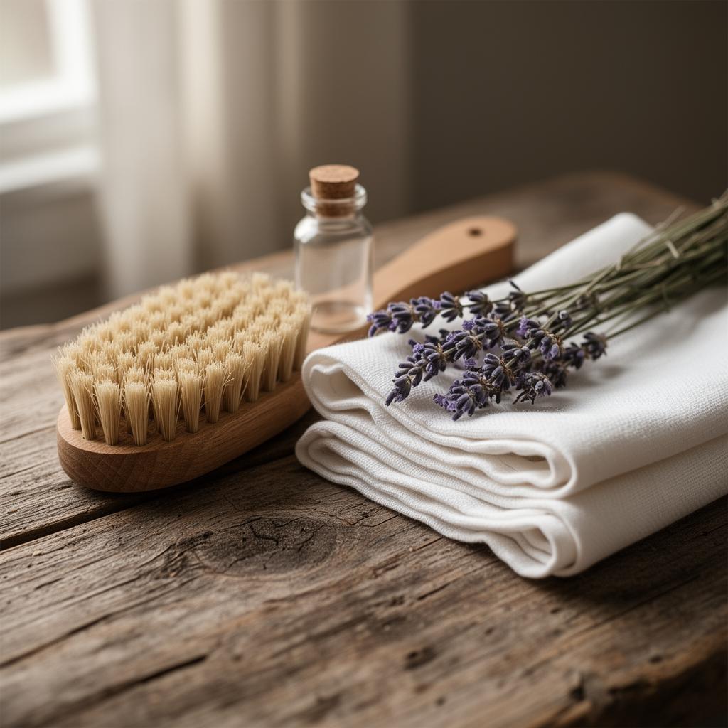 Natural bristle brush, linen cloths, and dried lavender